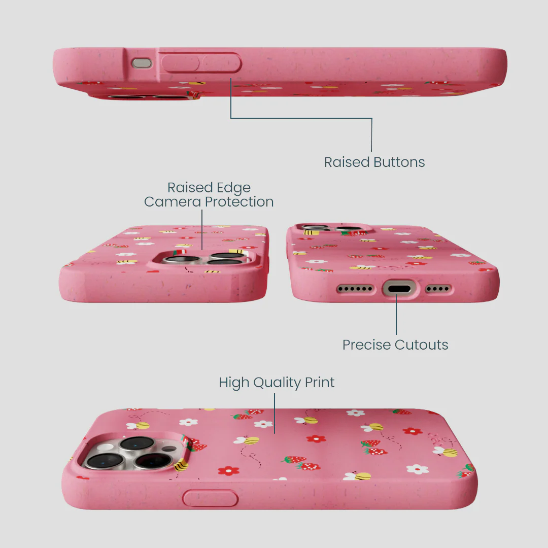 Bubblegum Pink Bees n Berries iPhone 14 Pro Max Case - Image 3