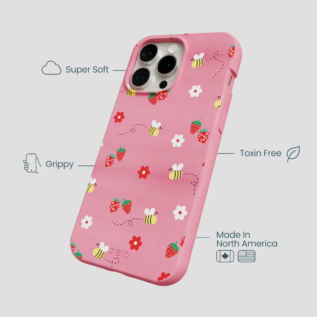 Bubblegum Pink Bees n Berries iPhone 15 Pro Max Case - Image 4
