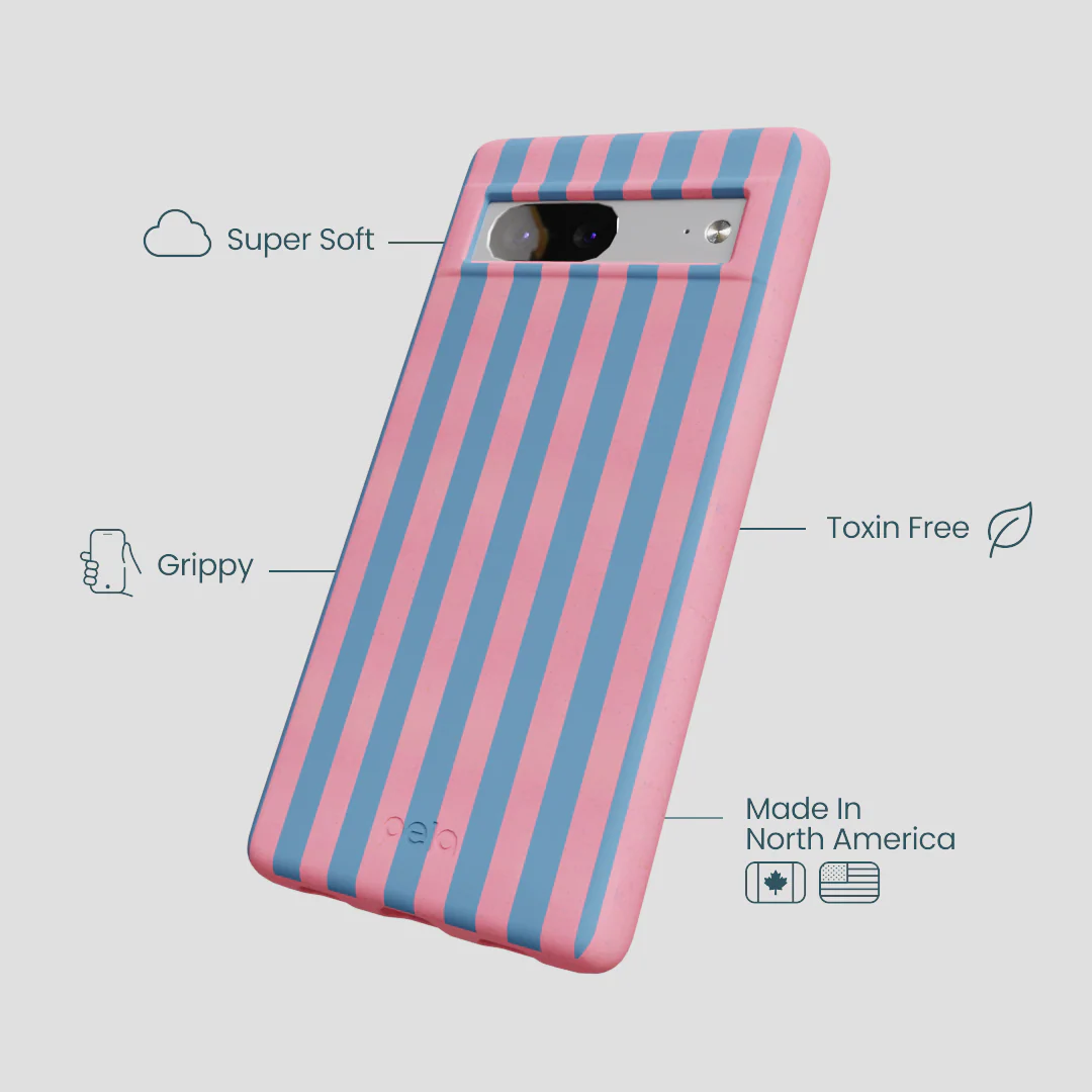 Bubblegum Pink Candy Blue Stripes Google Pixel 7a Case - Image 3