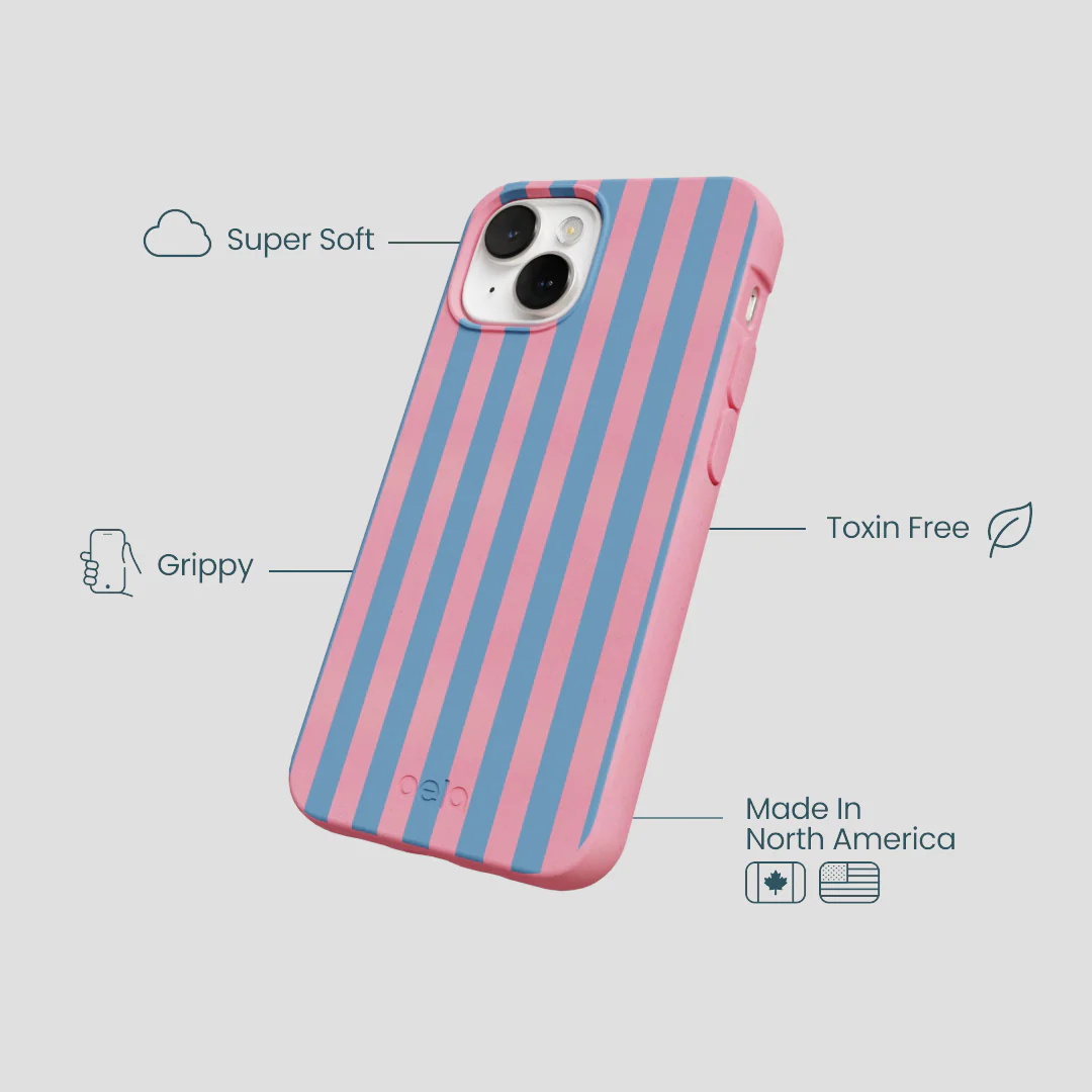 Bubblegum Pink Candy Blue Stripes iPhone 13 Mini Case - Image 4