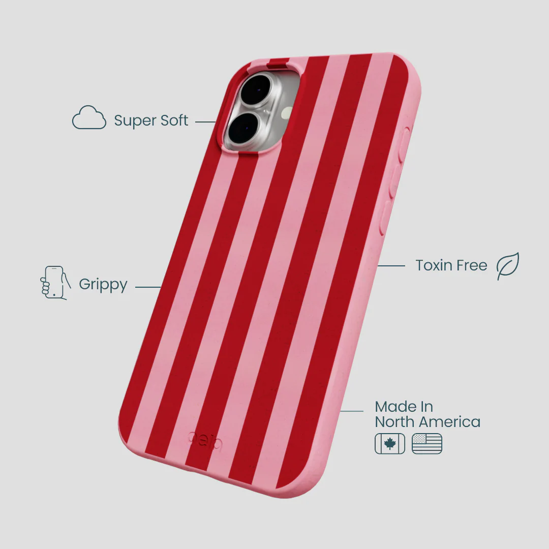 Bubblegum Pink Cherry Stripes iPhone 16 Plus Case - Image 4
