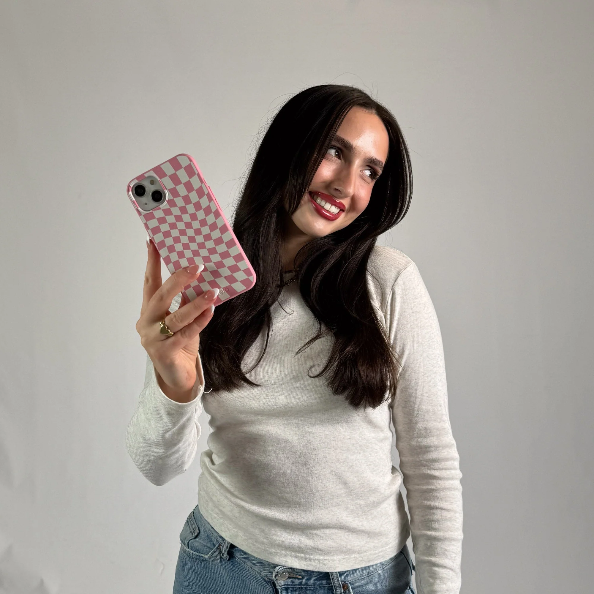 Bubblegum Pink Warped Checkers iPhone 14 Plus Case - Image 2