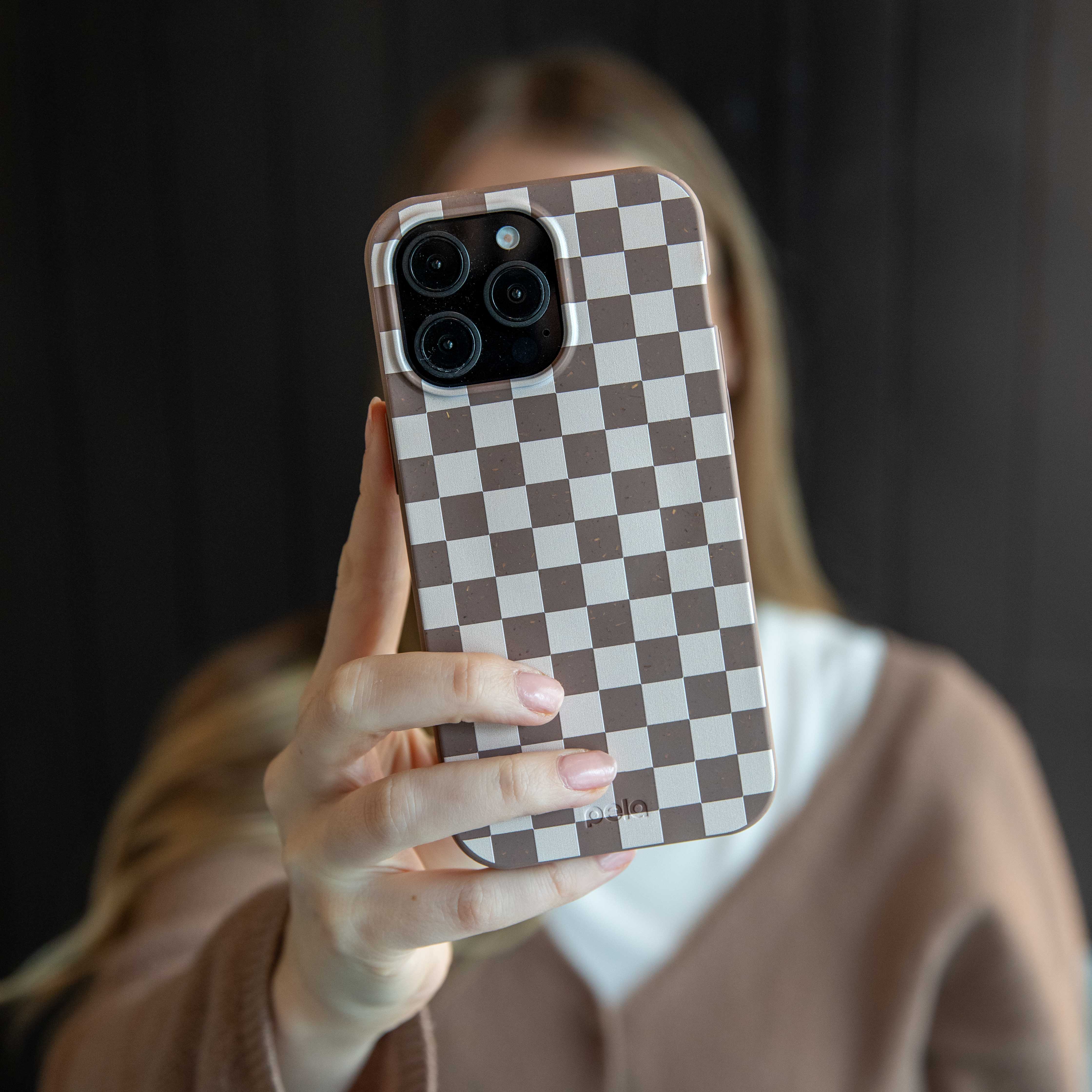 Chocolate Brown Latte Check iPhone 16 Plus Case - Image 9