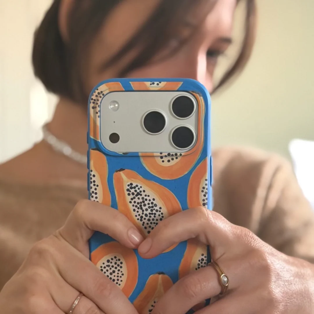 Electric Blue Juicy Papayas iPhone 15 Plus Case - Image 2
