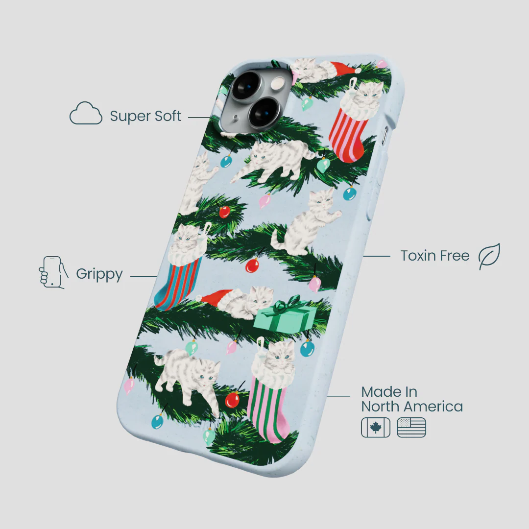 Powder Blue Christmas Kittens iPhone 14 Plus Case - Image 4