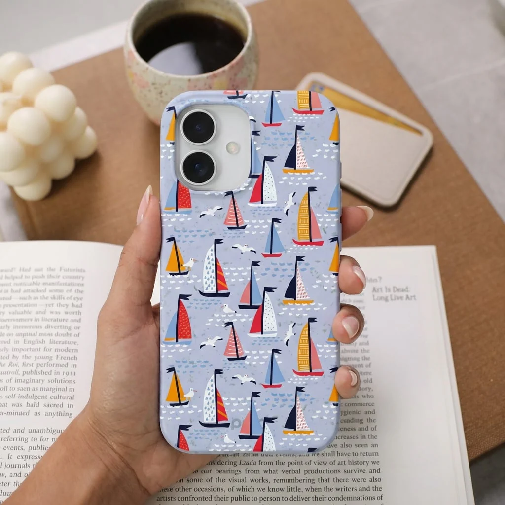 Powder Blue Sails and Seagulls iPhone 16 Plus Case - Image 2